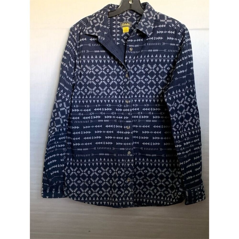 Cabelas Men Long Sleeve Button Up Shirt Navy Geometric Print Size Medium Regular